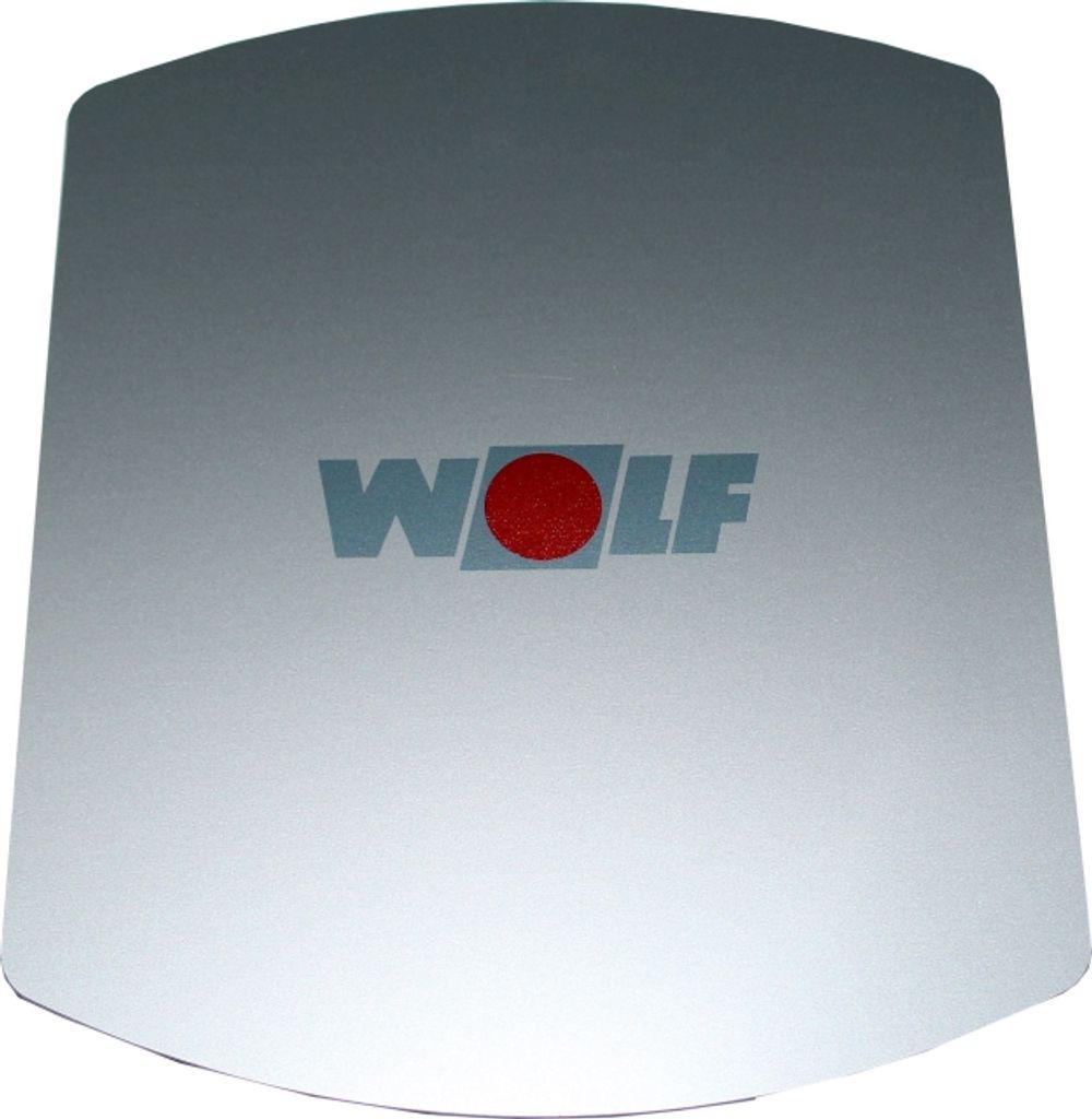 Silberne Blende mit rotem Punkt und Wolf-Logo, leicht gebogen und an einer Kante abgerundet, für den Einsatz in Heizungs- oder Lüftungssystemen.